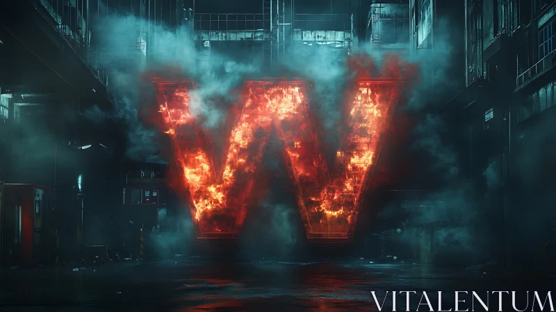 Molten letter V blazes defiantly in a neon-soaked alleyway