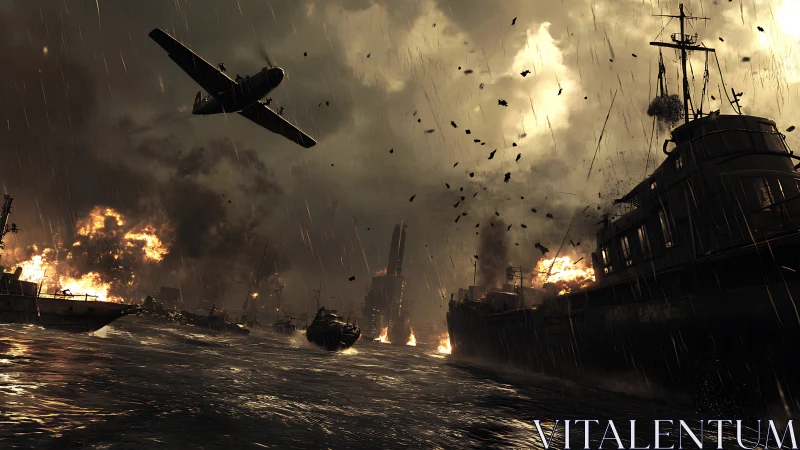 War-torn naval harbor under air assault in cinematic storm light.