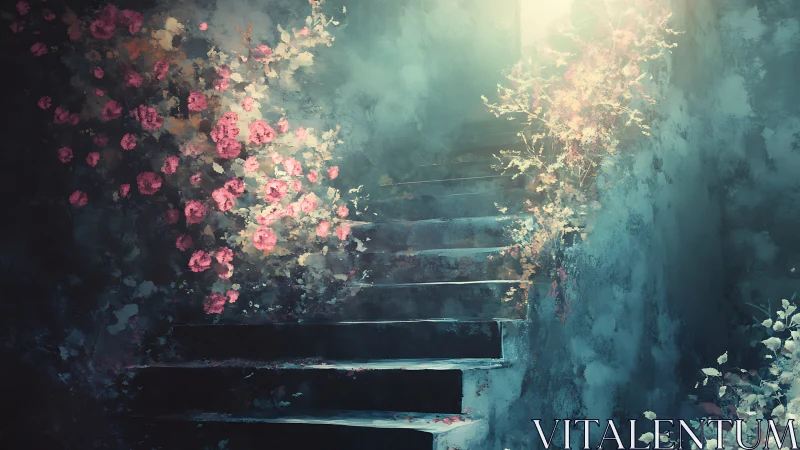Dreamlike stone stairwell with luminous florals in bloom.
