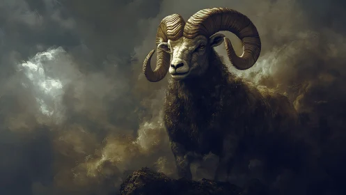 Majestic ram emerges from stormlit clouds in dramatic glory