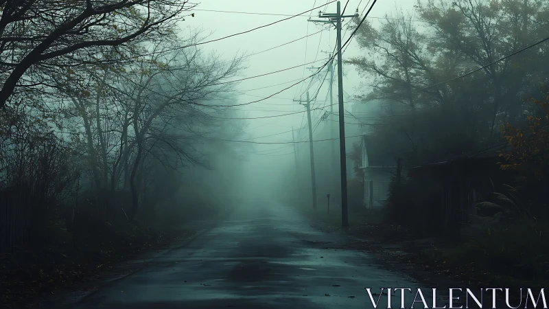 Fog-drowned country road hums with lonely electric silence.