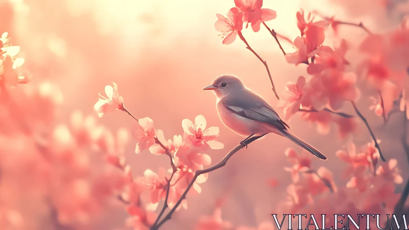 Soft spring light cradles a songbird amid blush blossoms