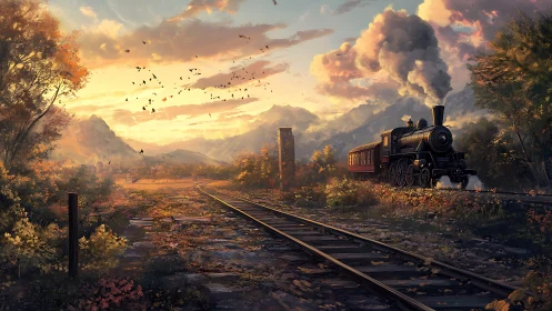 Steam train under autumn sunset across mountain valley.