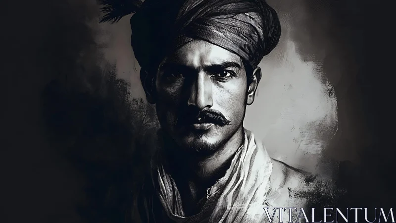 Intense turbaned portrait emerges from chiaroscuro shadows.