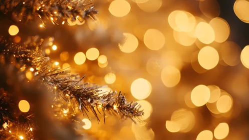 Glittered tree needles amid golden festive bokeh glow.