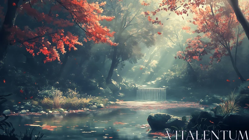 Crimson Canopy Cascade: Where Autumn Whispers Meet Waterfall Serenity.