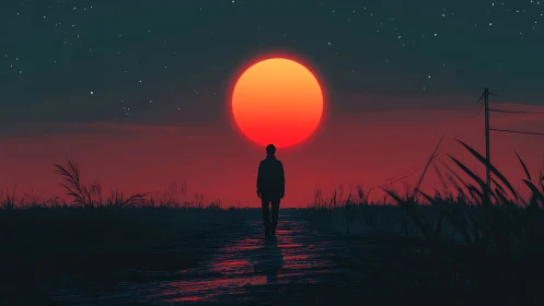 Quiet road under a blazing red moon and scattered stars.