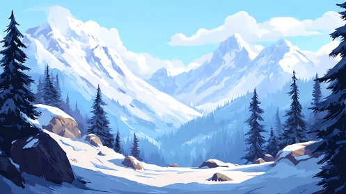 Snowlit alpine valley dreaming beneath towering winter peaks.