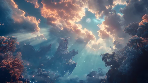 Skyward forests drift beneath a dawn of radiant clouds.