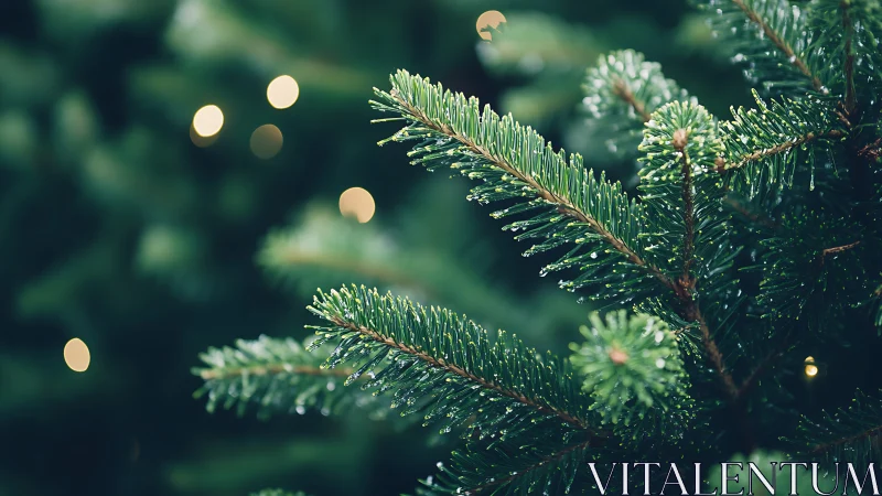 Gentle evergreen branches glowing with quiet holiday light.