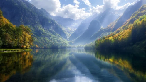 Sunlit valley breathes over a mirror-still mountain lake