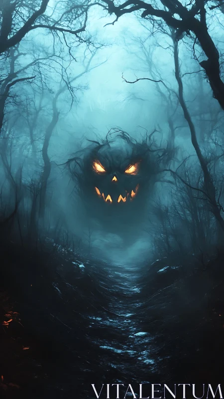 Digital painting of haunted forest path with fiery jack o lantern visage.