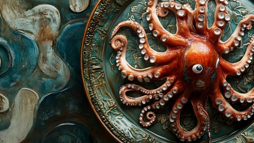 Photoreal octopus sculpture on ornate teal ceramic roundel