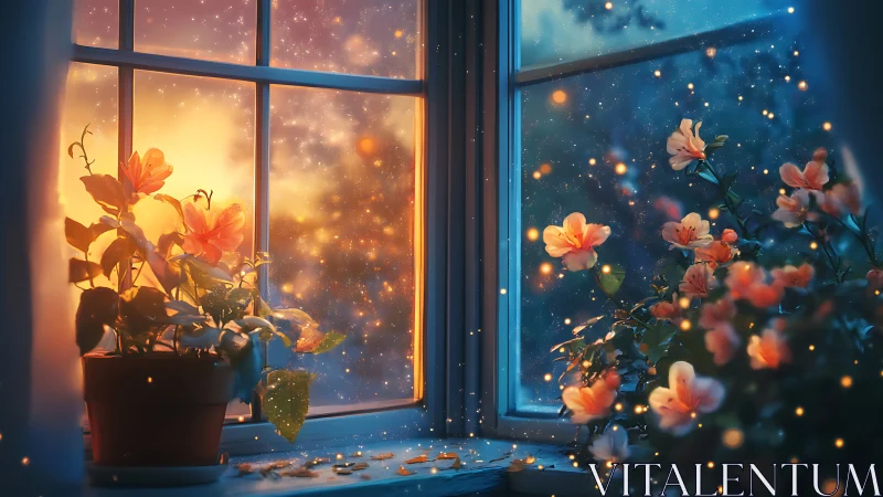 Glowing Flowers at Midnight Window with Floating Lights.