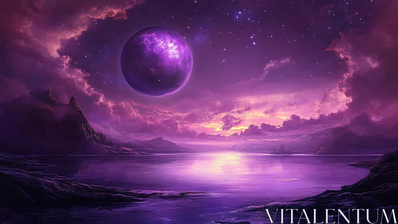 Violet alien moon rises over tranquil crystal sea at dusk.