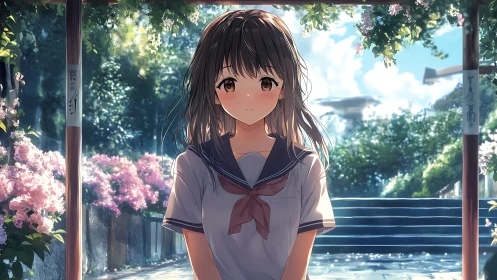 Sunlit schoolgirl beneath floral arbor in soft anime style.