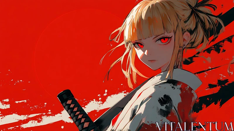 Crimson sky samurai girl framed in bold, blazing color.