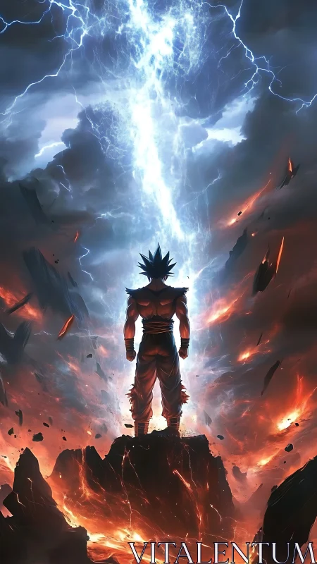 Storm-split heavens answer a lone warrior’s blazing stance