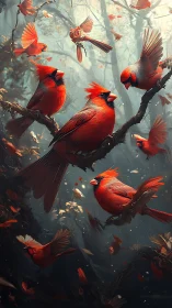 Crimson cardinals convene in a swirling woodland storm of light
