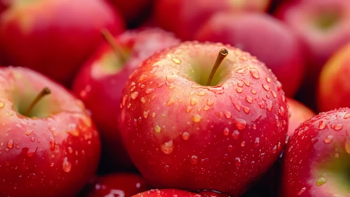 Close-up view of red apples with surface water droplets.