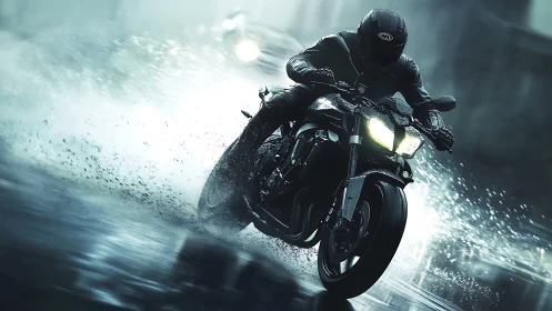 Midnight rider carving light through the stormy city streets.