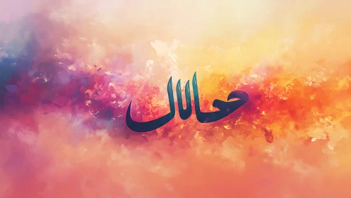Arabic calligraphy text overlays multicolored abstract background