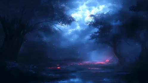 Lunar-lit spectral forest with bioluminescent embers and mist