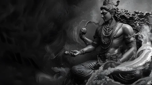 Majestic divine figure rises in swirling monochrome clouds