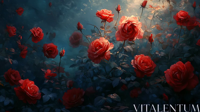Radiant Red Roses Dance in Moody Blue Twilight.
