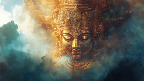 Golden ornate deity face emerging from swirling clouds.