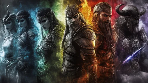 Fantasy warriors aligned by elemental colors and roles.