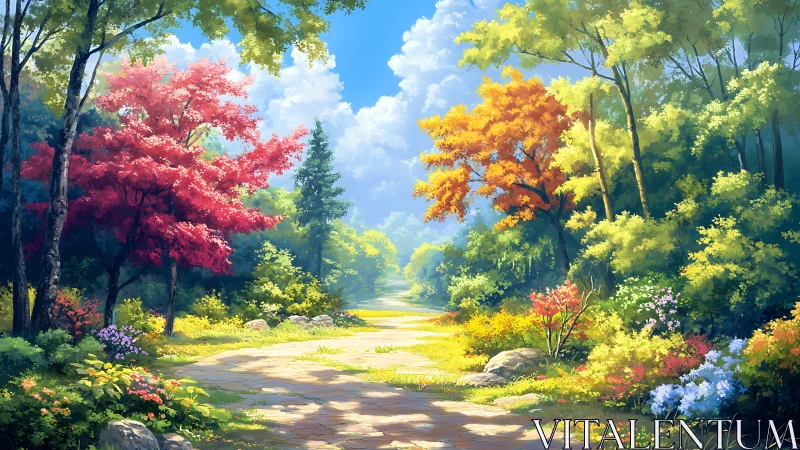 Enchanting Forest Path Through Vibrant Seasonal Colors
