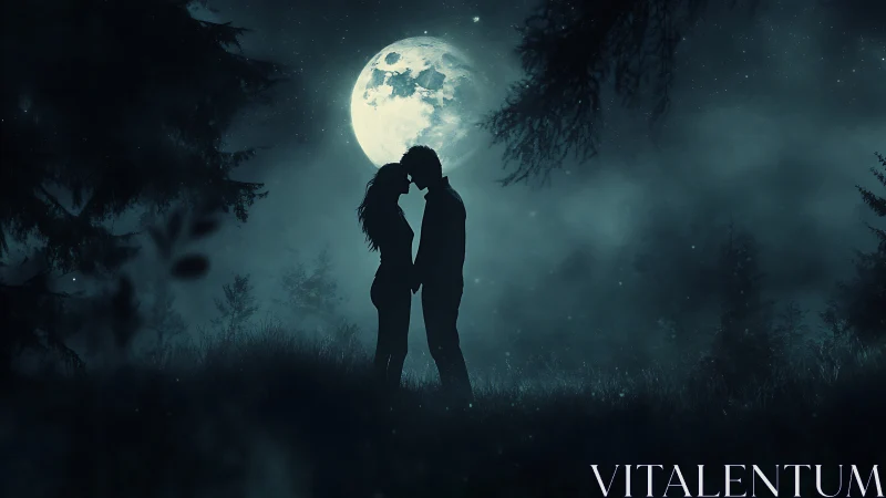 Silhouetted figures in moonlit forest setting.