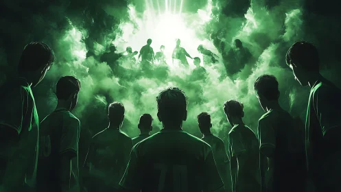 Soccer players observe backlit figures through dense green fog