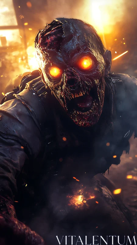 Flaming-eyed zombie lunges forward through burning chaos.