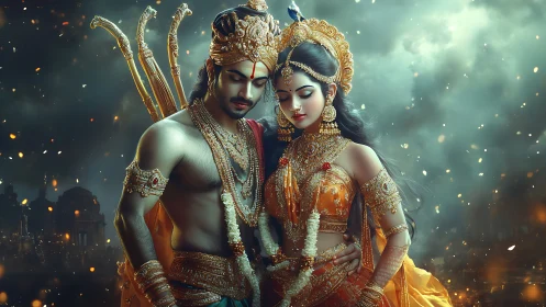 Digital painting of divine royal couple in glowing regalia.