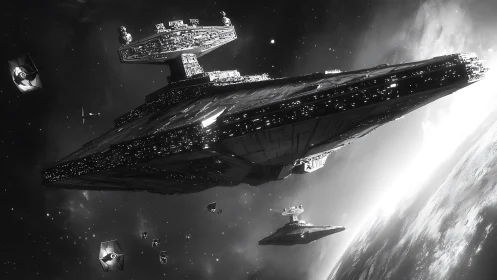 Massive star destroyers glide above planet in monochrome space