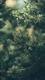 Evergreen pine branches with soft bokeh forest light.