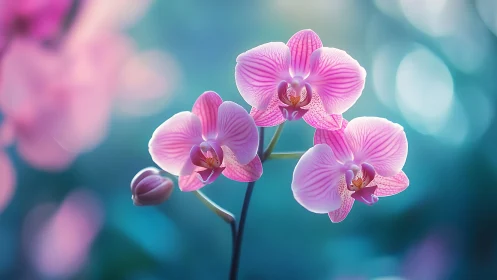 Pink Orchids Bloom Against Turquoise Bokeh.