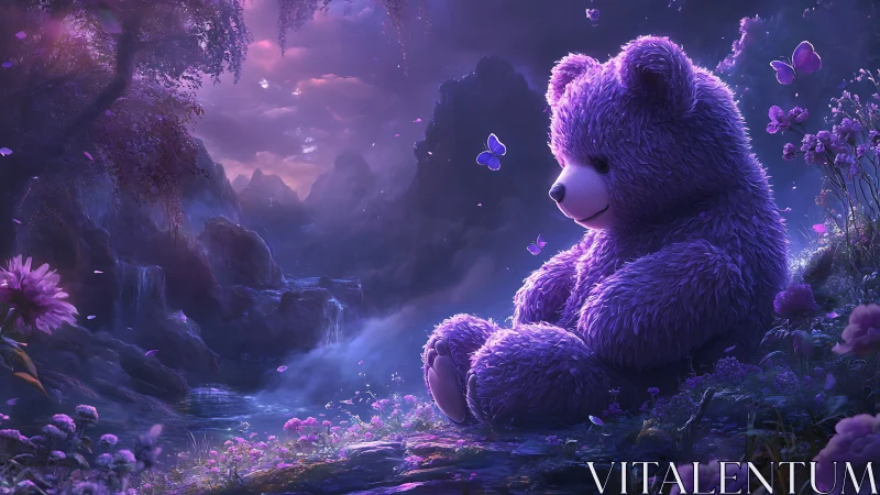Purple teddy bear in glowing fantasy forest at dusk.