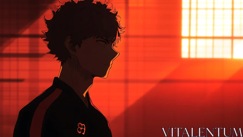 Silhouetted volleyball player stands in blazing orange gym light