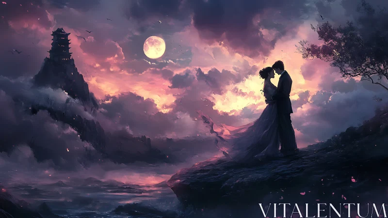 Luminous Embrace Beneath Full Moon: Romantic Silhouettes Against Fantastical Architecture