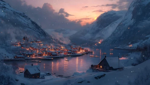 Snowlit fjord village aglow with ember-bright winter hush.
