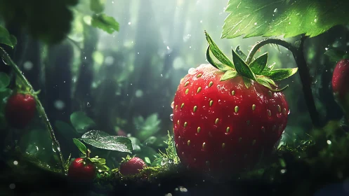 Strawberry with surface moisture rests in diffuse forest light
