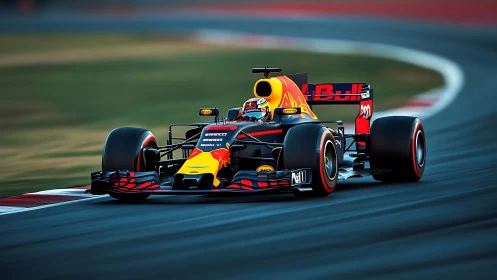 High-downforce Formula racing car attacking fast circuit apex