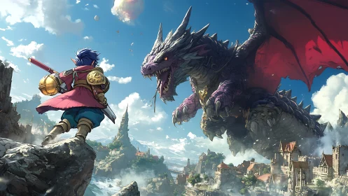 Skycliff showdown between bold swordsman and raging dragon.