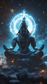 Blue meditative deity statue with glowing circular aura