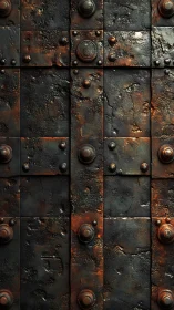 Rusted iron plates form heavy riveted industrial wall surface