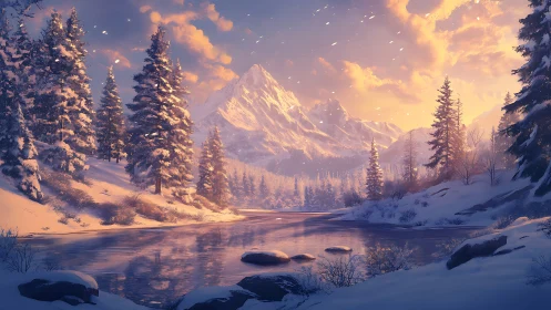 Snow-laden alpine river valley under warm twilight sky