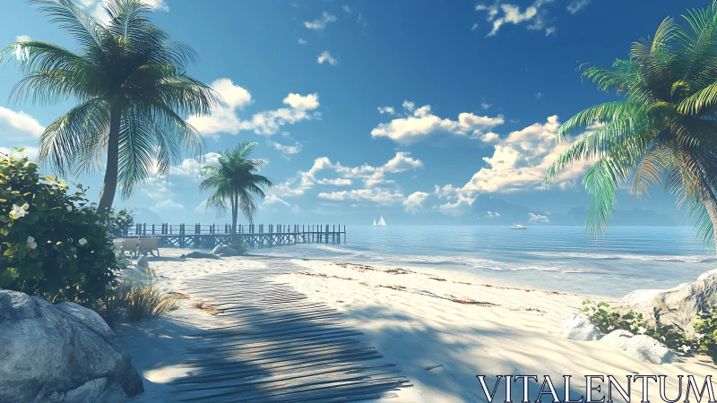 Tropical Coastal Scene with Wooden Pier and Photorealistic Rendering